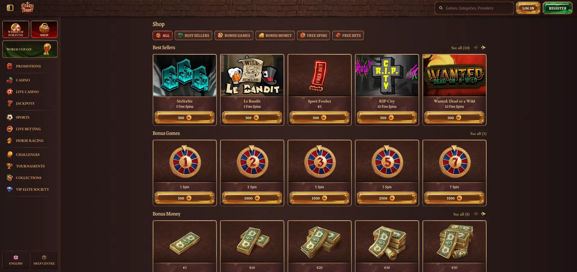Crazy Tower Casino shop and coin rewards